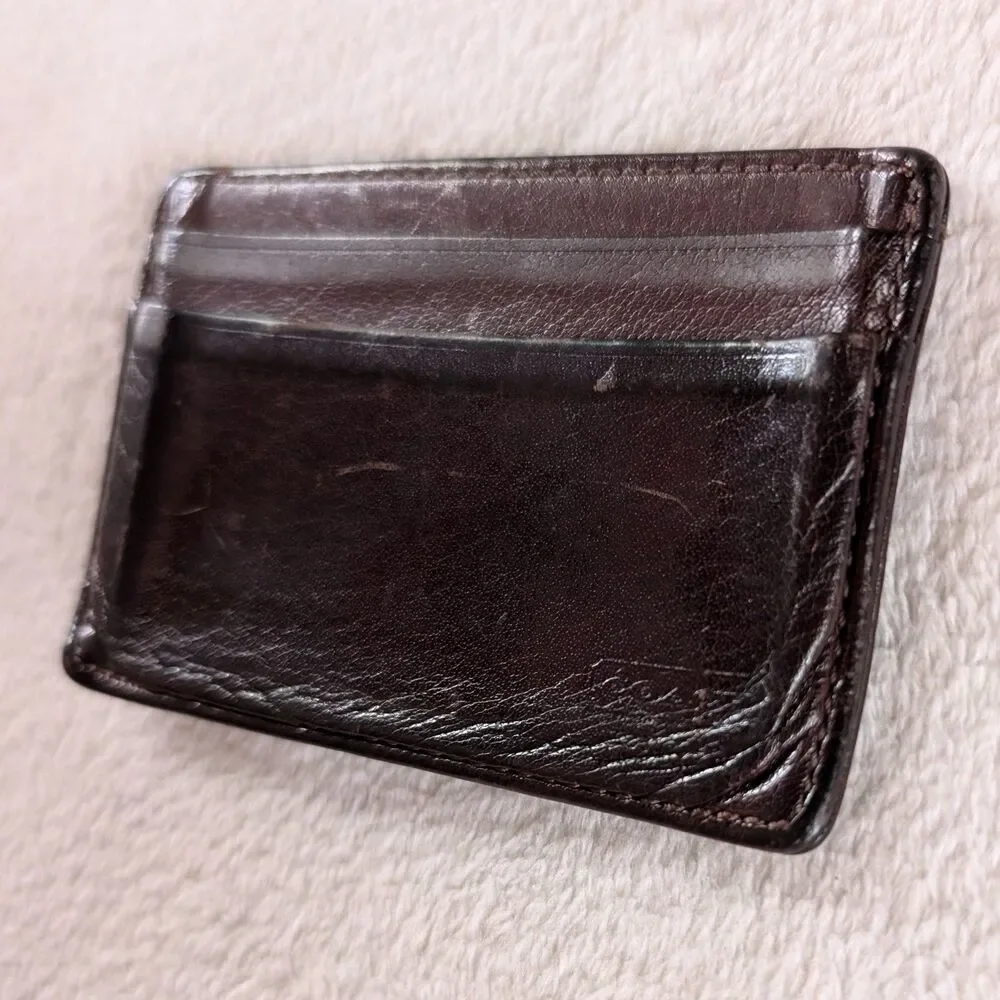 Coach Slim Leather Card Holder Clip Case Dark Brown